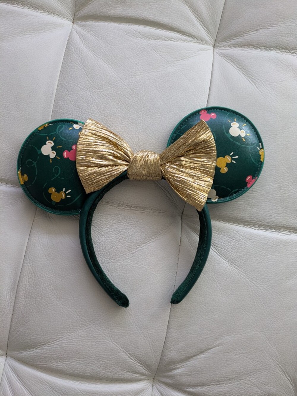 Green Mickey Ear Headband with Gold Bow
